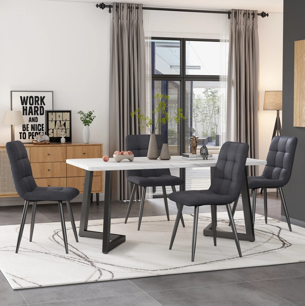 Set Tavolo da Pranzo Rettangolare 117 cm con 4 Sedie in Lino Grigio Scuro e Gambe Nere