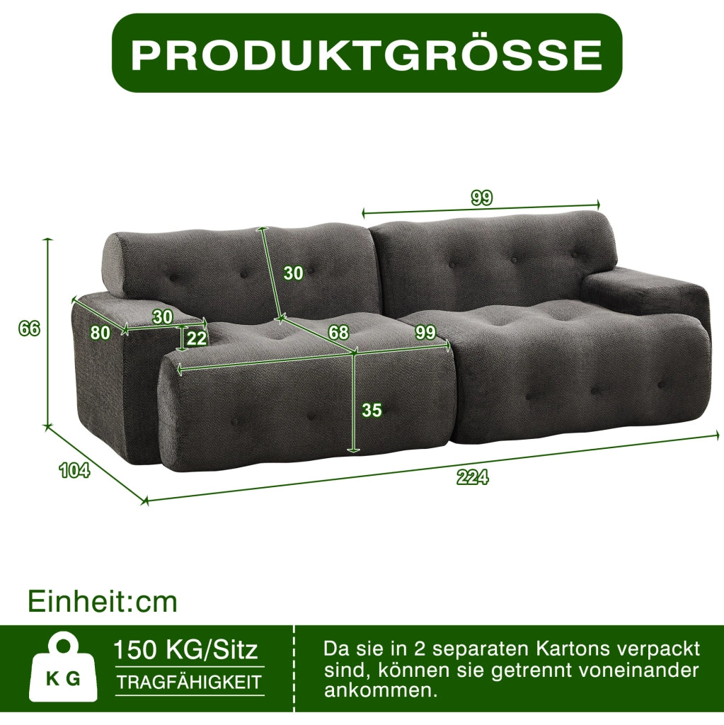 Divano 2 posti in ciniglia grigio, 224 cm, senza montaggio