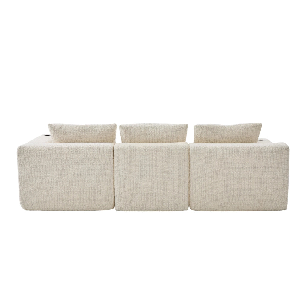 Divano modulare ULEVR in ciniglia beige con 2 moduli, braccioli ampi e 2 tasche laterali