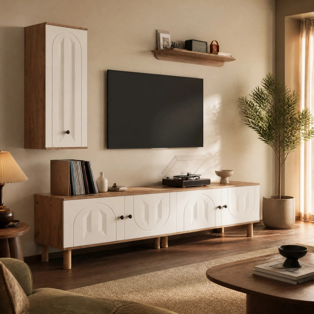 Mobile TV con contenitore 170 cm bianco e legno per soggiorno