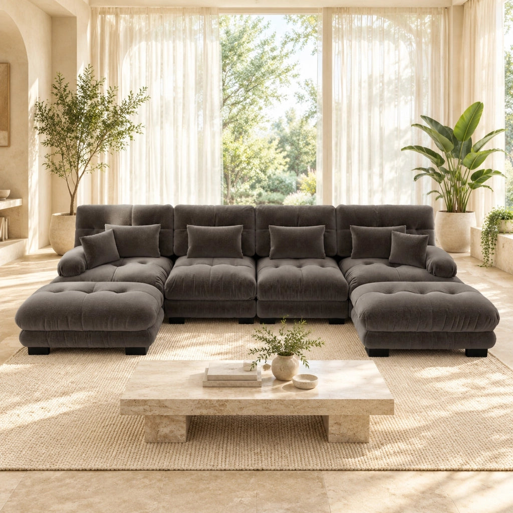DIVANO Modulare in chenille marrone con pouf mobili