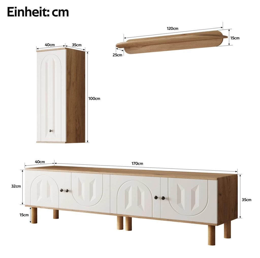 Mobile TV con contenitore 170 cm bianco e legno per soggiorno