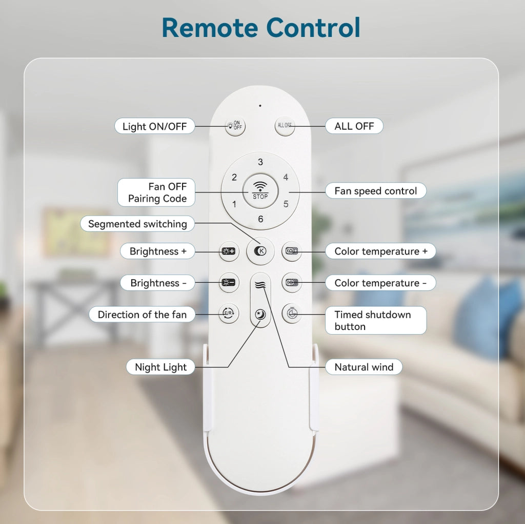 Ventilatore da soffitto bianco con luce LED; motore DC silenzioso e telecomando