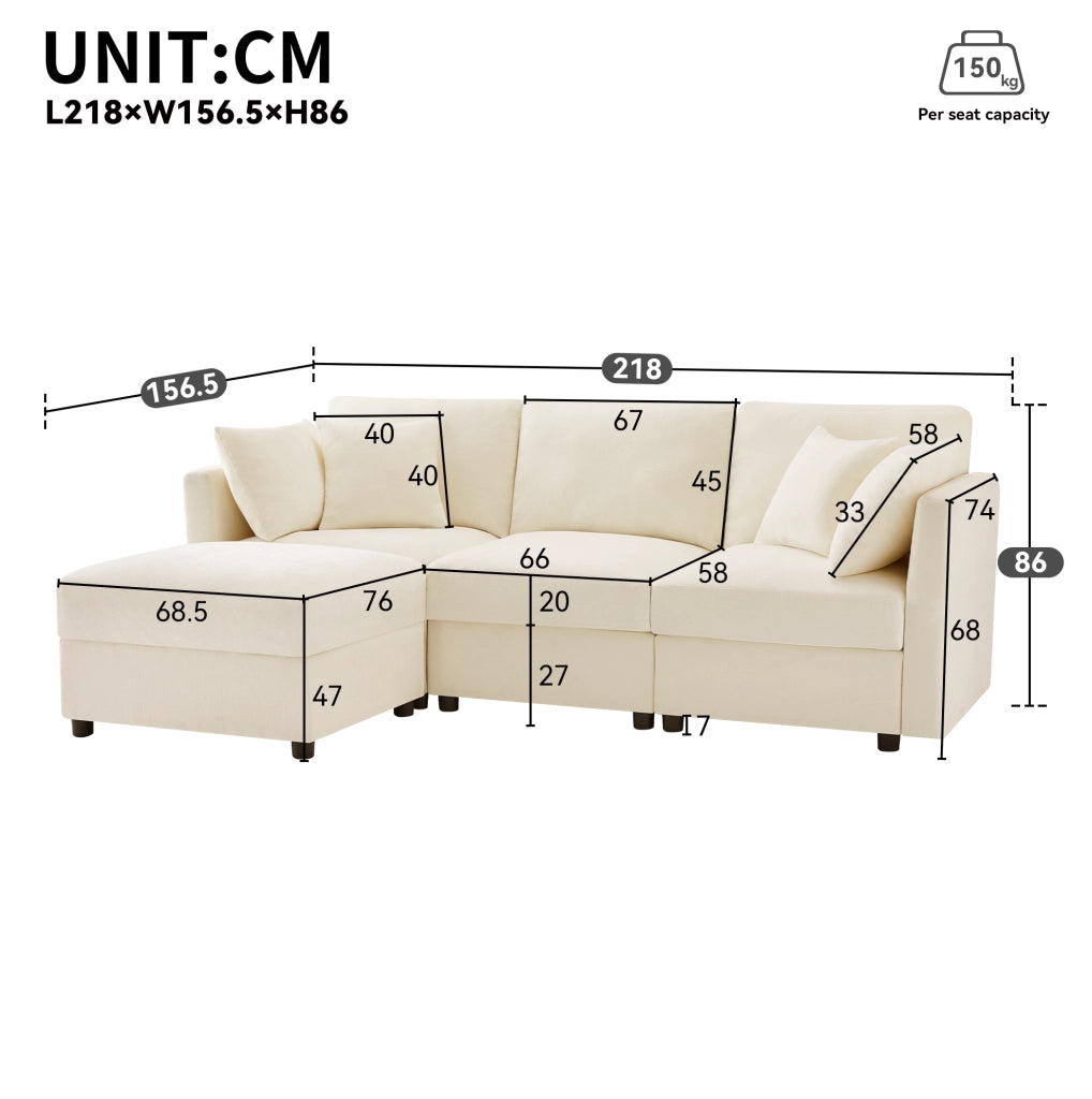 Divano 3 posti in ciniglia beige con pouf e braccioli regolabili