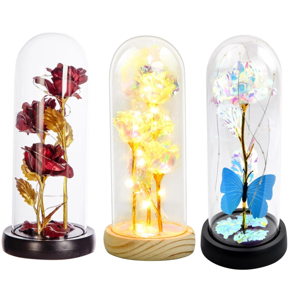 Rosa eterna sotto campana di vetro con illuminazione LED, regalo per donne, mamma, nonna, compleanno, matrimonio, Natale, San Valentino (Argento)