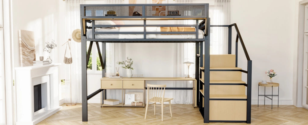 Letto a soppalco 140x200 in metallo con scala di sicurezza e piano flessibile, nero