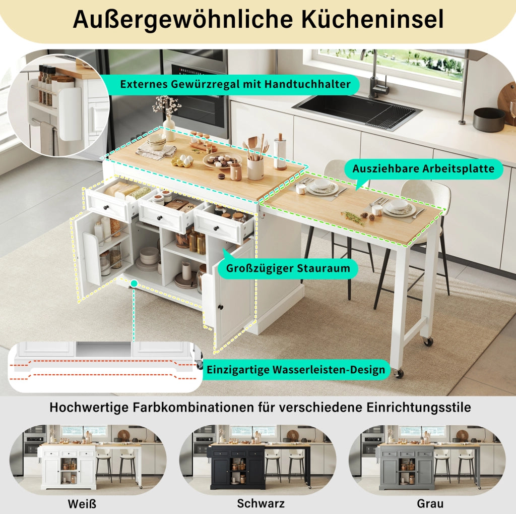 Isola da cucina mobile bianca e naturale con piano estraibile e vani portaoggetti
