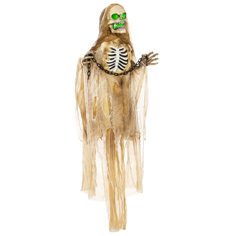 Decorazione Halloween: Scheletro Appeso con Testa Luminosa, Urla Spaventose e Braccia Flessibili, Colore Khaki