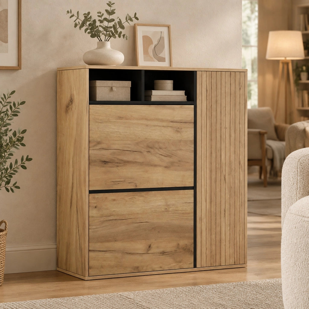 Scarpiera 90x24x94 cm naturale e nera in MDF con 2 ribalte e 1 anta