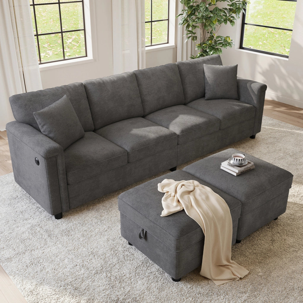 Divano modulare in ciniglia grigio con due pouf contenitore
