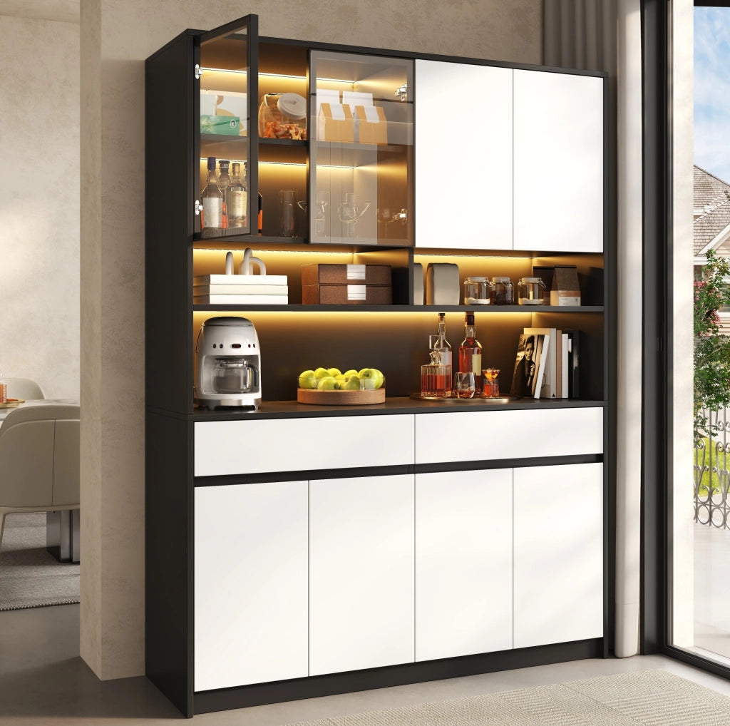 Credenza alta 120x38x160 cm con LED; 8 ante e 2 cassetti in MDF nero e bianco