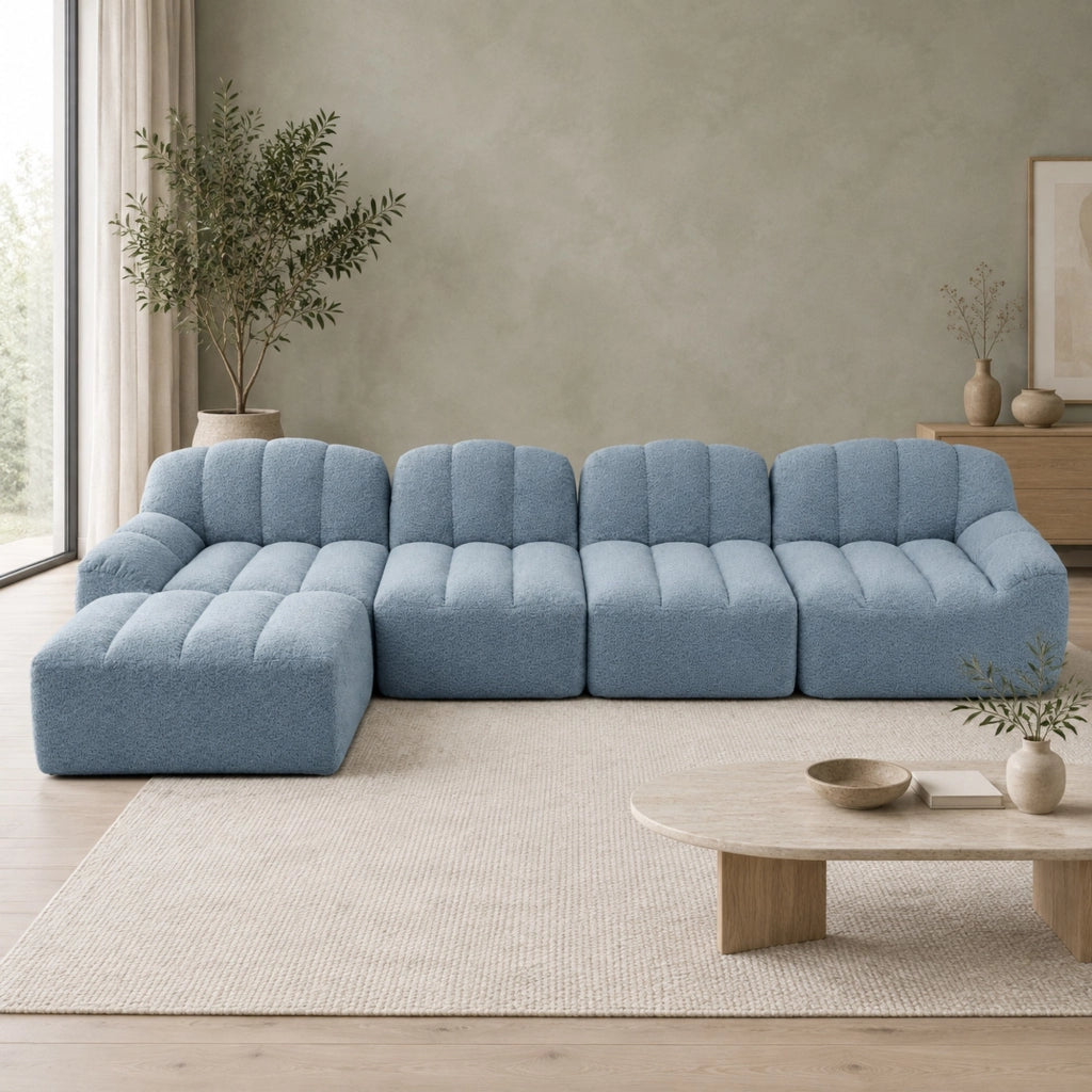 DIVANO Modulare 4 posti con pouf, rivestimento in pile granulato blu