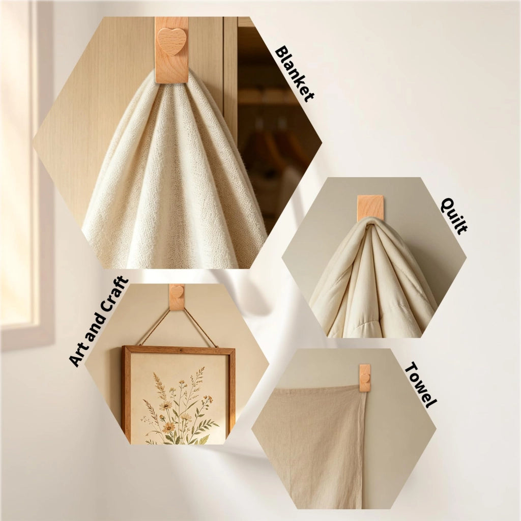 Set di 4 appendi-trapunta in legno, a forma di cuore, dimensioni 7,8 x 3,3 x 3 cm