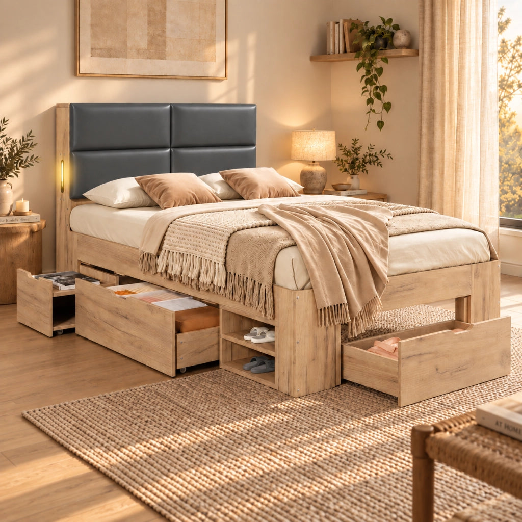 Letto singolo 90x200 cm con cassetti e comodini estraibili; in MDF color naturale per cameretta
