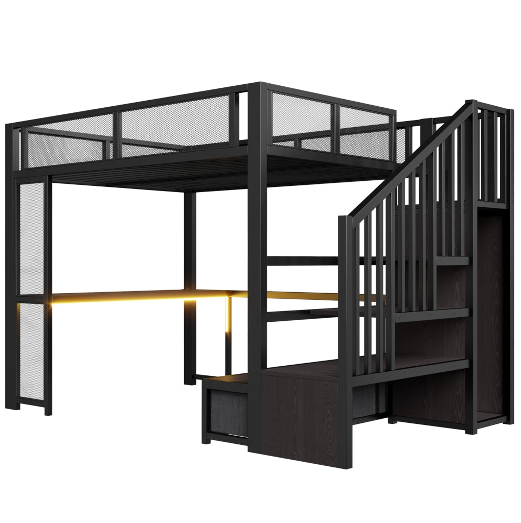 Letto a soppalco 140x200 cm nero con scrivania, LED e cassetti