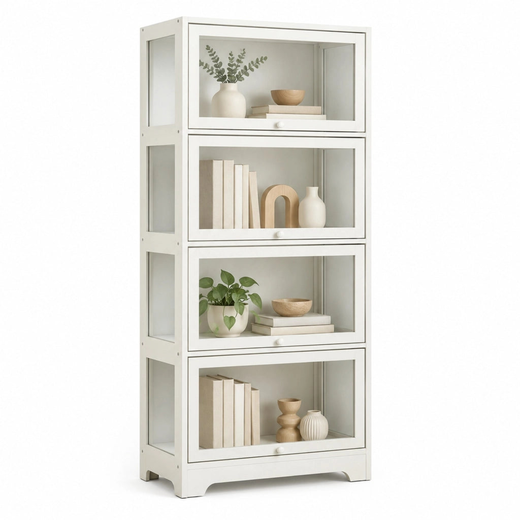 Vetrina bianca in MDF e acrilico con quattro scomparti