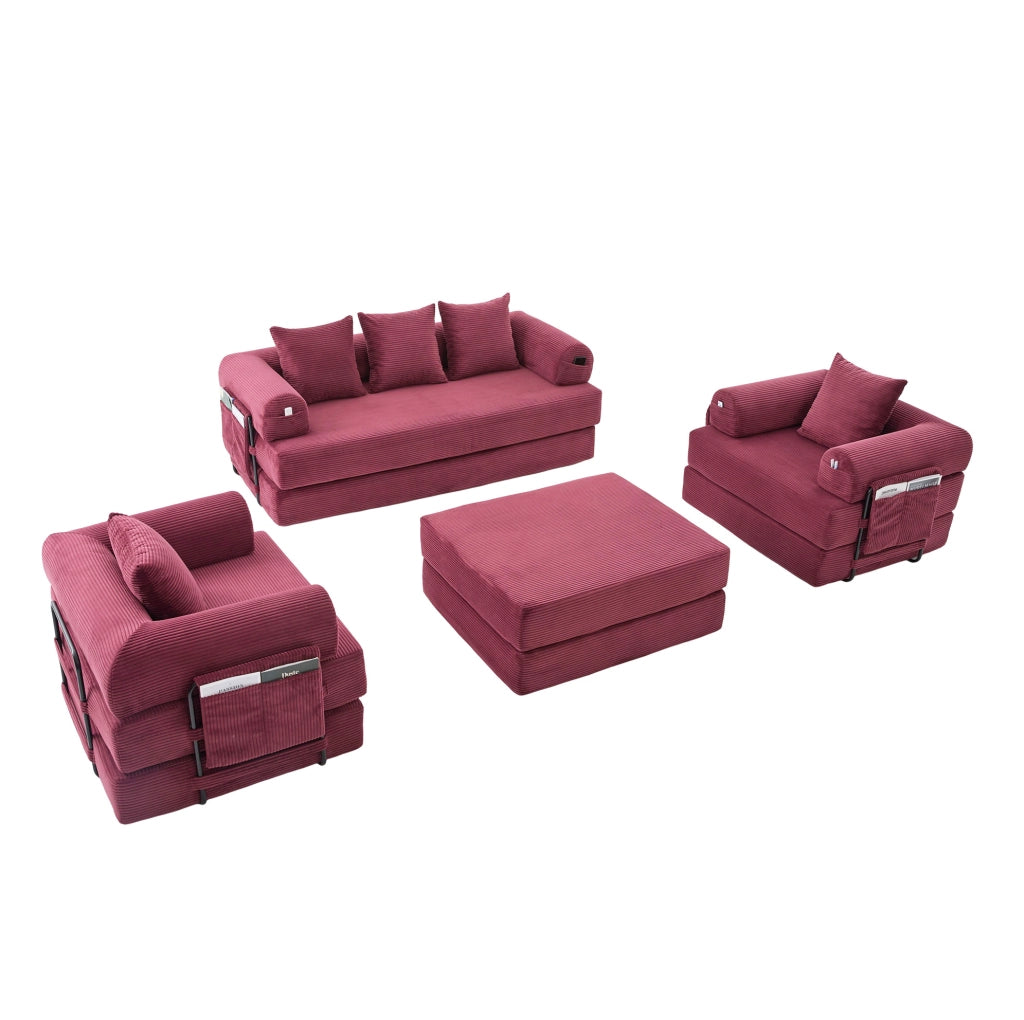 Divano modulare ULEVR 3 posti con poltrona e pouf, struttura in metallo e tasca laterale, velluto a coste rosso vino