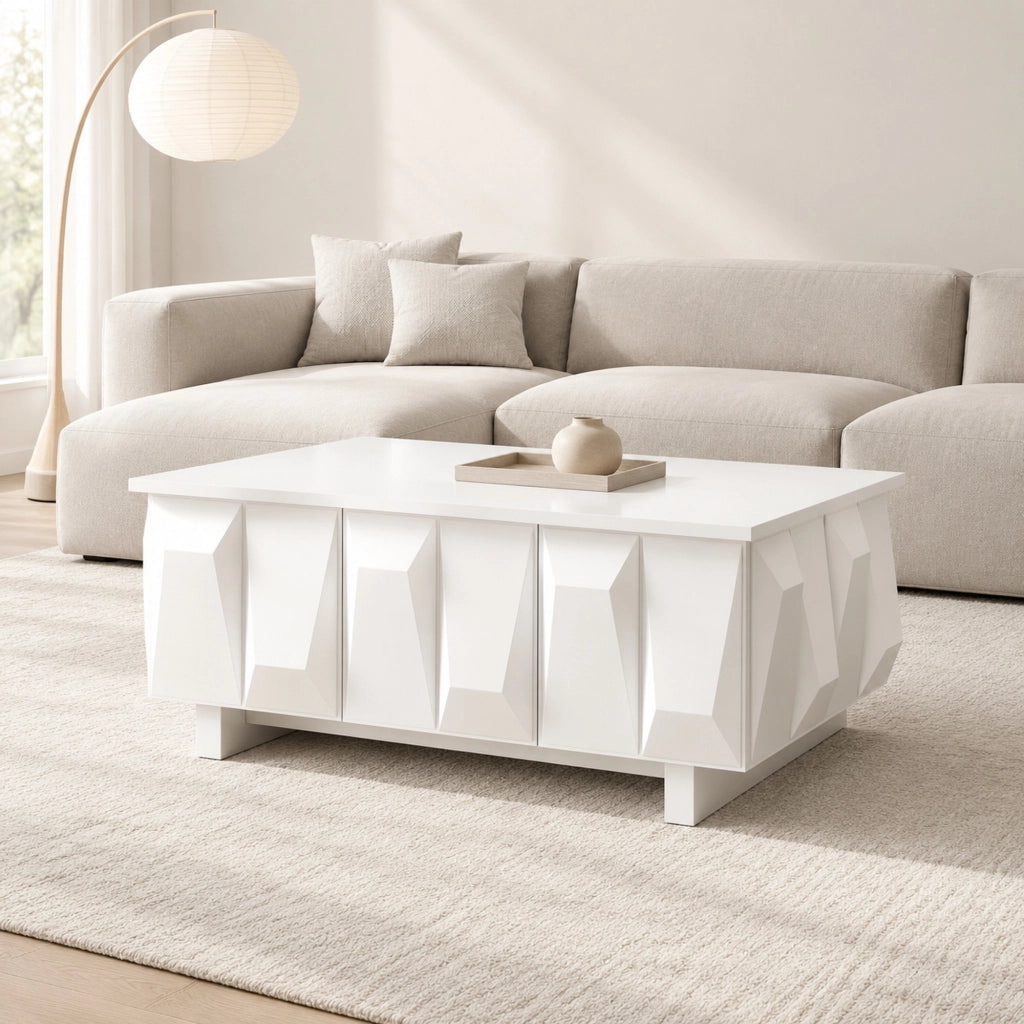 Tavolino da caffè 95x67x39;5 cm con 3 ante e frontali 3D in truciolare; bianco