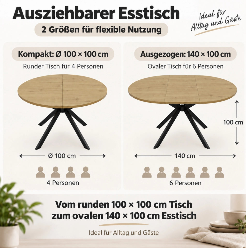 Tavolo da pranzo allungabile; con prolunga interna e 4-6 posti 140x100x75 cm; in MDF color legno con gambe in metallo
