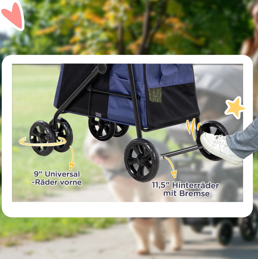 Passeggino pieghevole blu per cani con cuscino, portata 20 kg