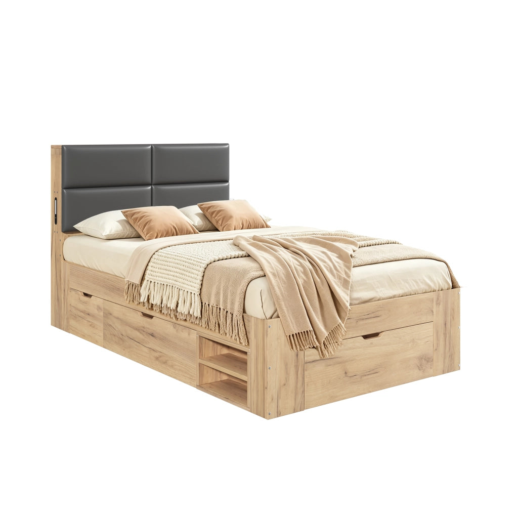 Letto singolo 90x200 cm con cassetti e comodini estraibili; in MDF color naturale per cameretta