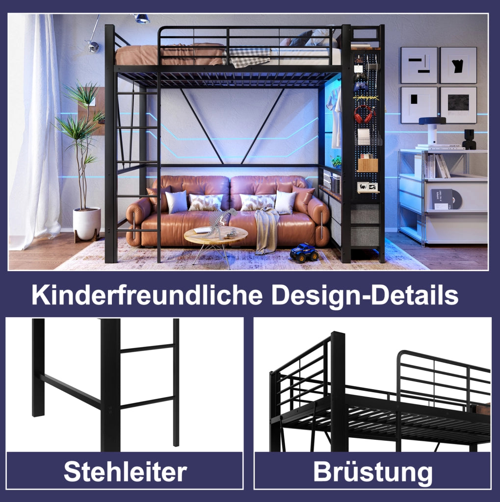 Letto a soppalco 90x200 nero con LED, USB, Type-C e materasso