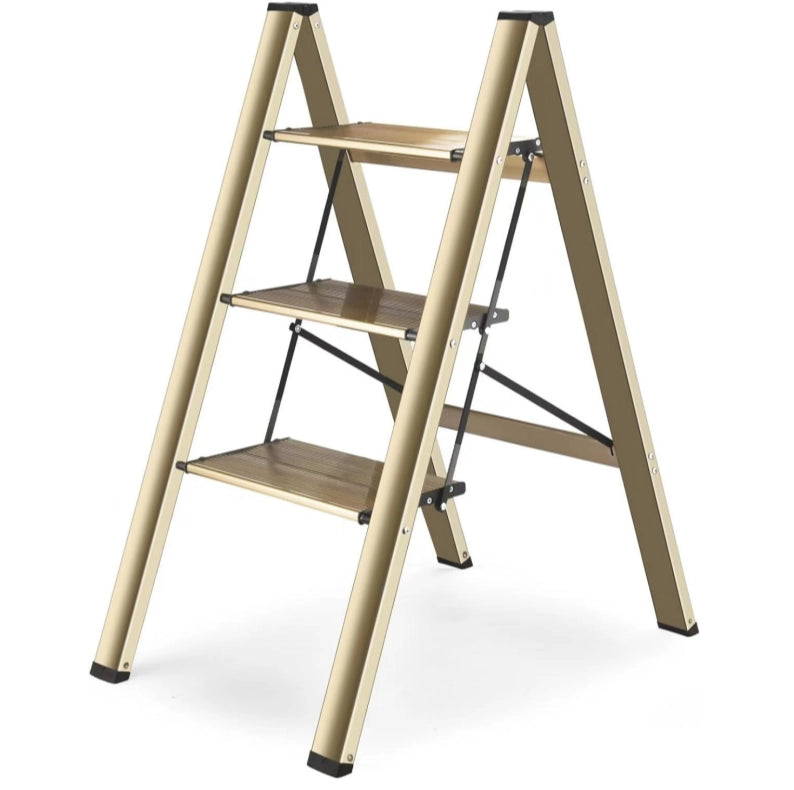 Scala pieghevole a 3 gradini in alluminio dorato, portata 150 kg