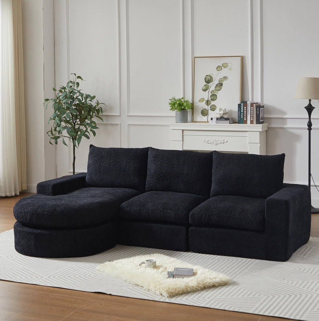 Divano modulare con chaise longue reversibile in ciniglia nera