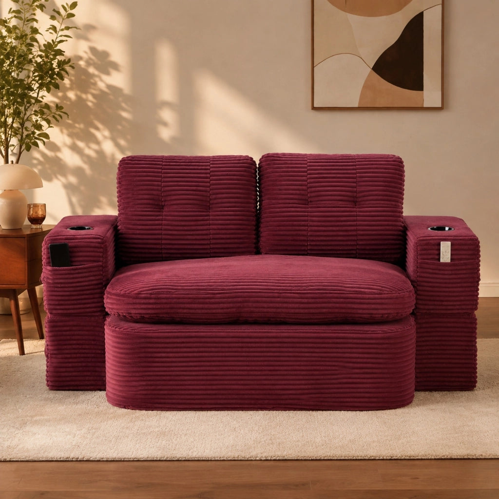 Poltrona trasformabile 2 in 1 in velluto a coste rosso vino con portabicchieri