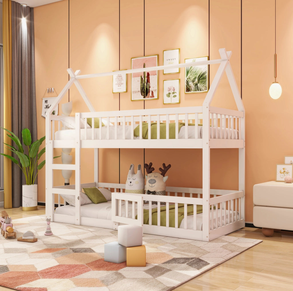 Letto a Castello per Bambini 90x200 cm in Legno Massiccio Bianco con Scaletta e Design a Soppalco
