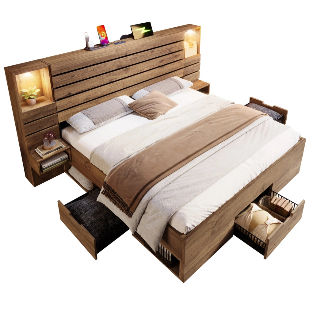 LETTO Matrimoniale 180x200 cm con LED, USB e Type-C Rovere
