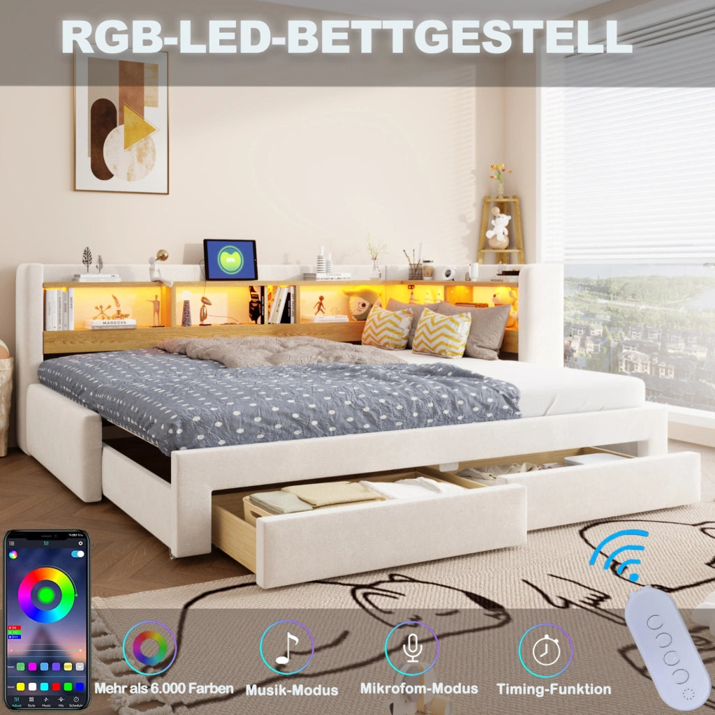 Divano letto estraibile 90x200 cm con LED, prese e cassetti