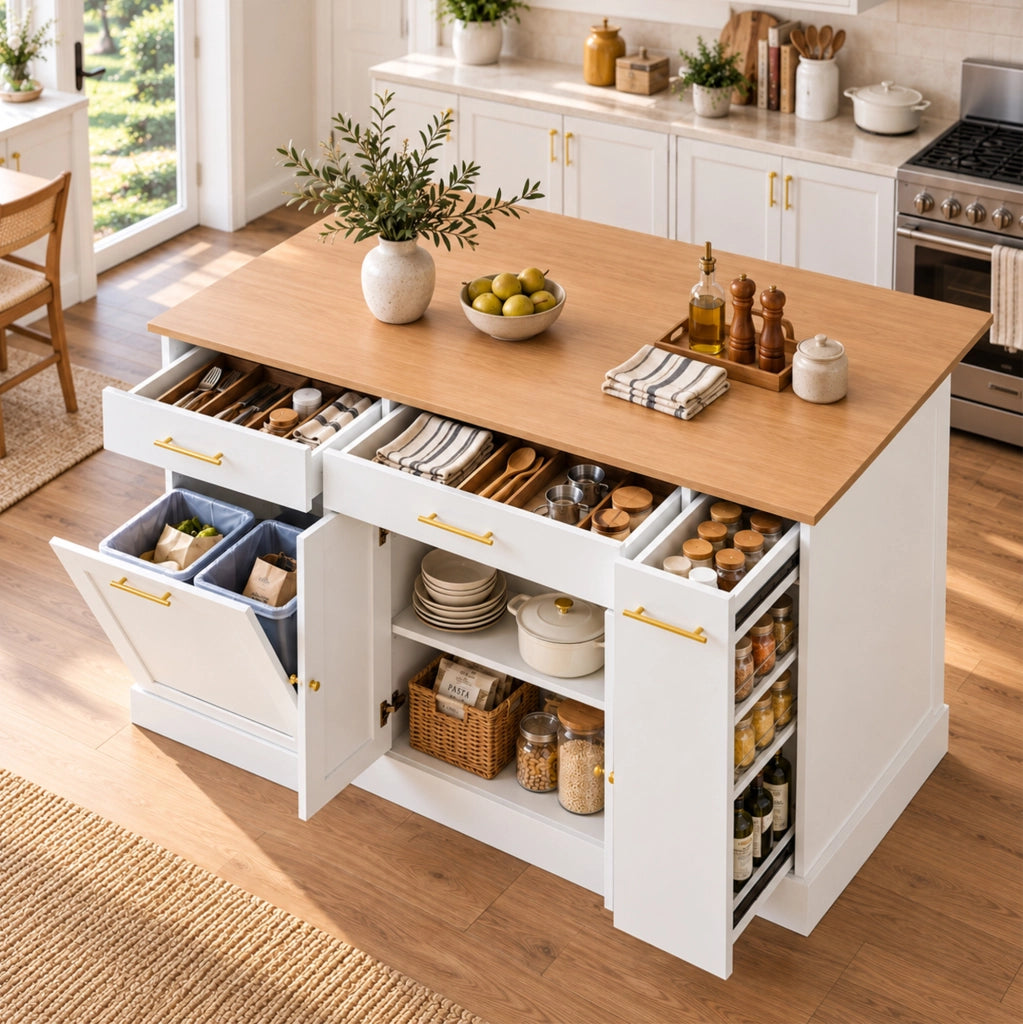 Isola cucina bianca con piano ribaltabile da 120 cm e contenitore