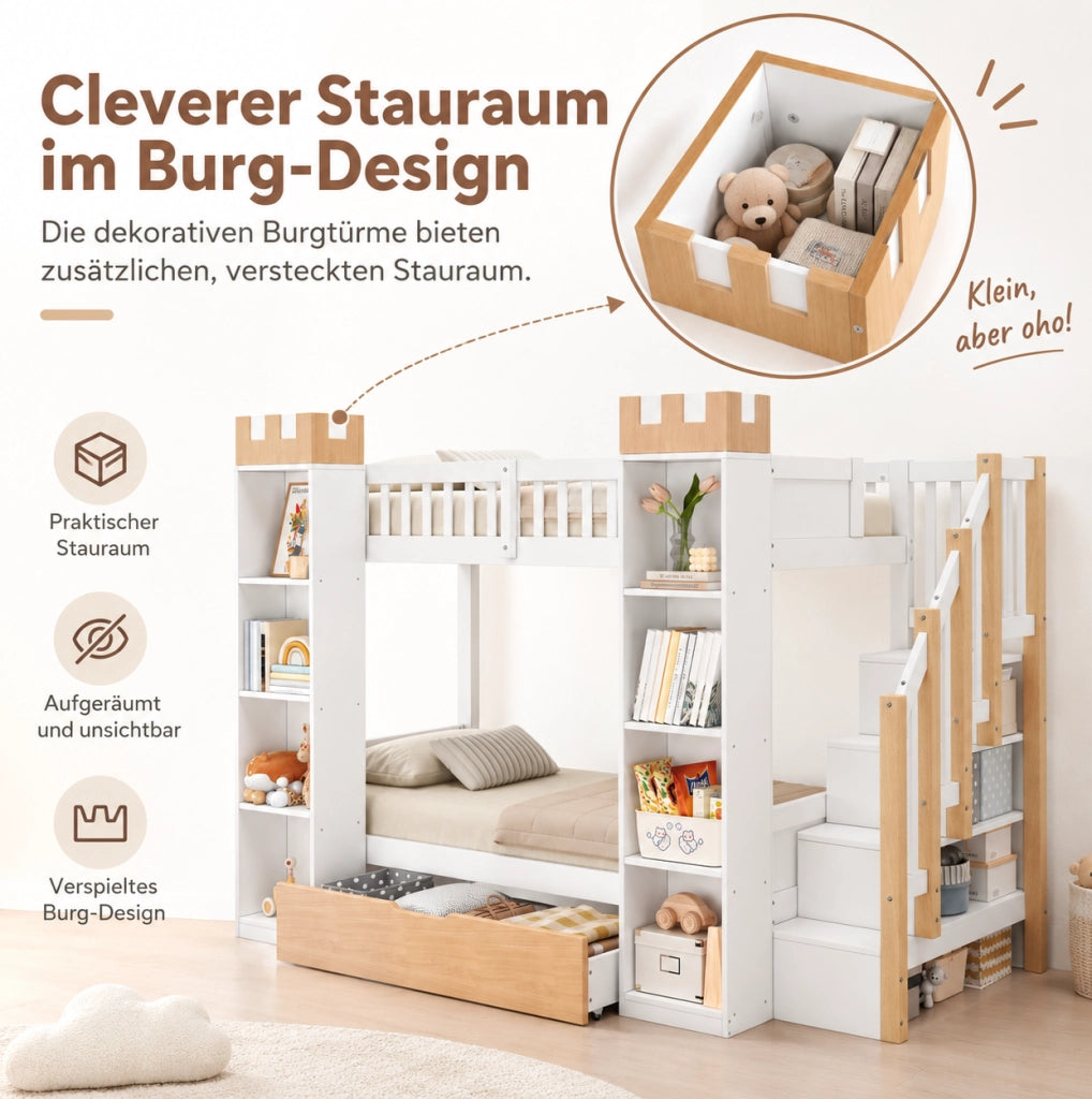 Letto a castello per bambini a forma di castello con scala contenitore