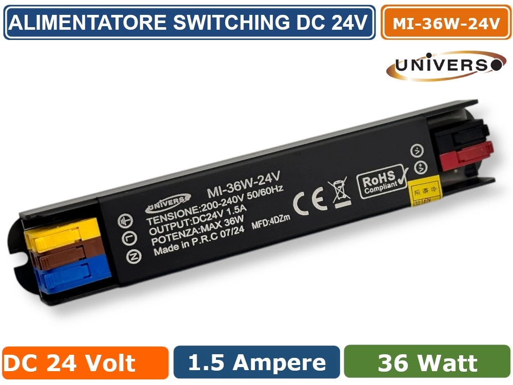 UNIVERSO MI-36W-24V ALIMENTATORE SWITCHING ULTRA SLIM DA ESTERNO IP67 CON POTENZA 36W DC 24V 1.5A