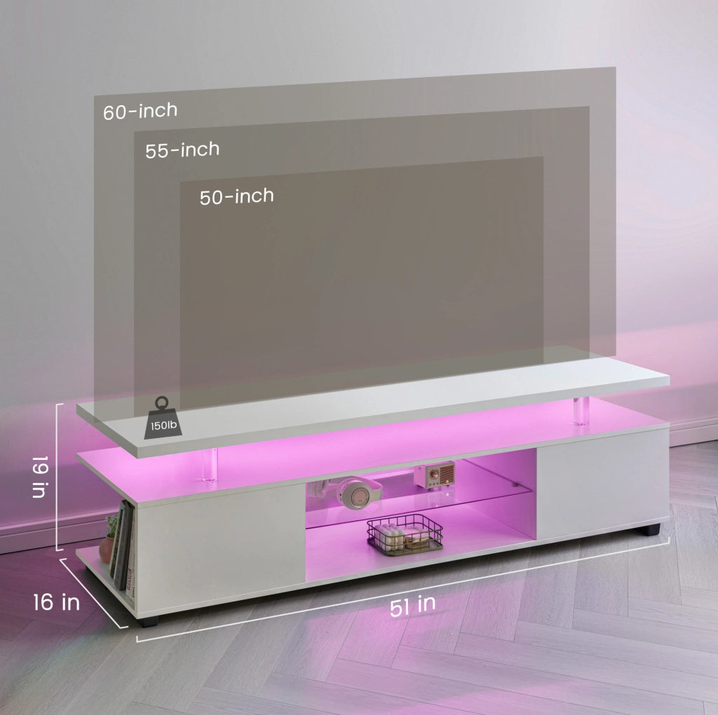Mobile TV bianco con luci LED multicolore e vani contenitori