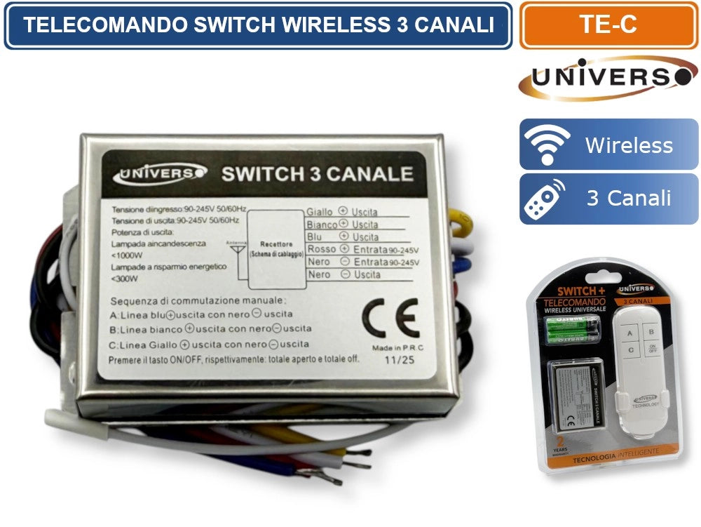 UNIVERSO TE-C TELECOMANDO WIRELESS SWITCH 3 CANALI ON/OFF PORTATA FINO A 100 M