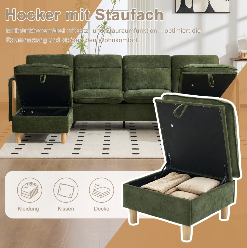 Divano modulare 4 posti con 2 pouf contenitore in ciniglia verde