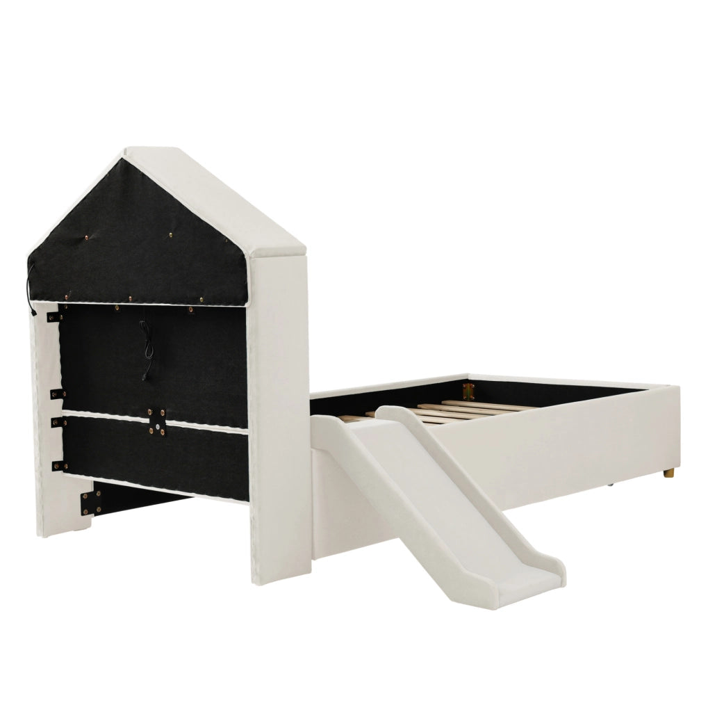 Letto per bambini imbottito beige 90 x 200 cm con scivolo e contenitore