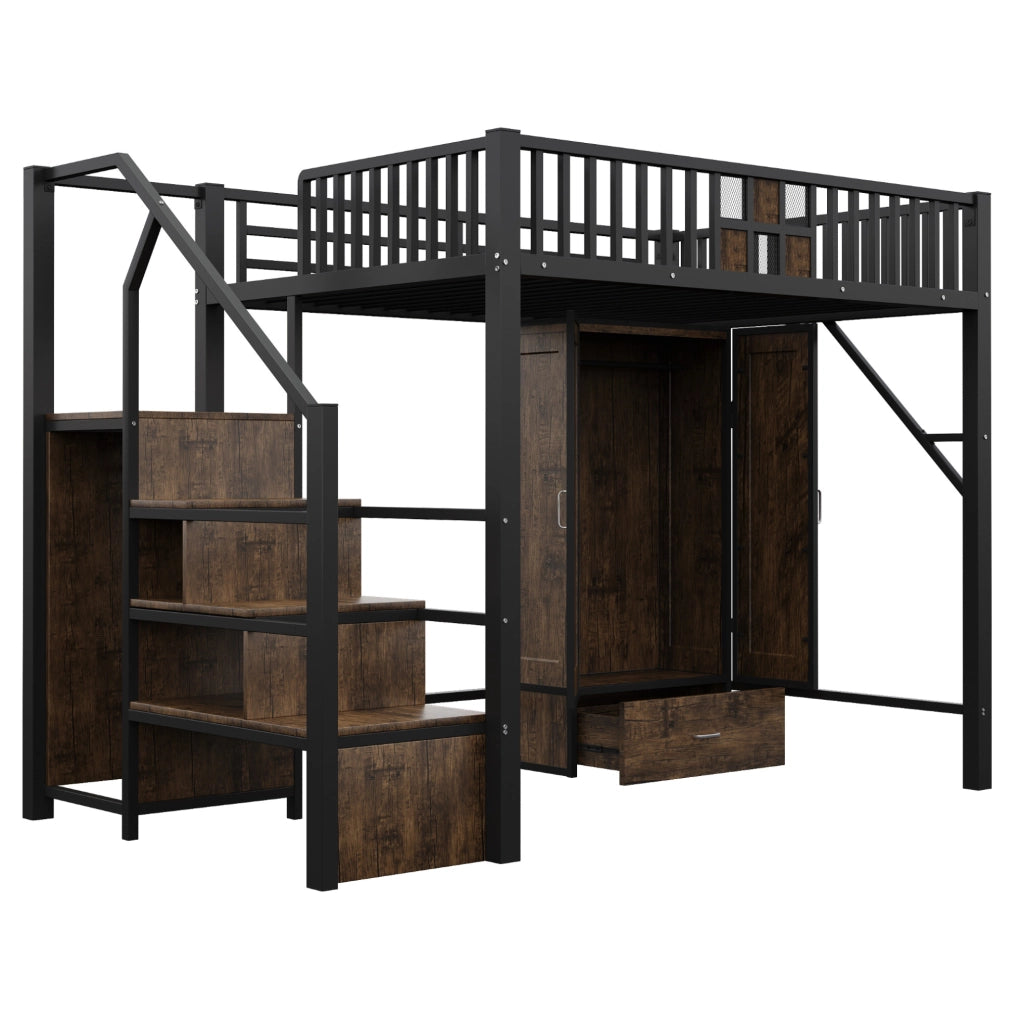 Letto contenitore adulti 140x200 cm con scala, armadio e rete a doghe in metallo nero, per camera da letto, senza materasso