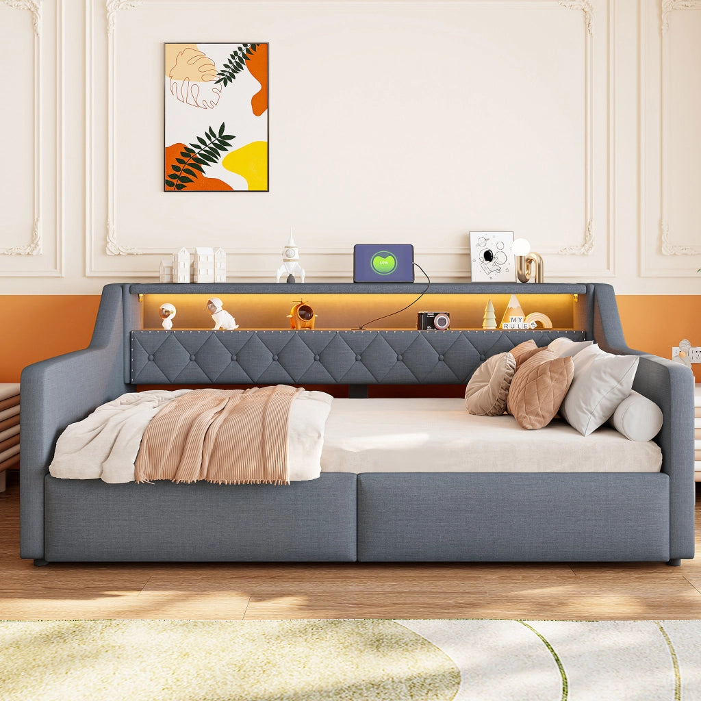 Letto contenitore 90 × 200 cm con LED; porte USB e USB-C; rivestito in lino e MDF grigio