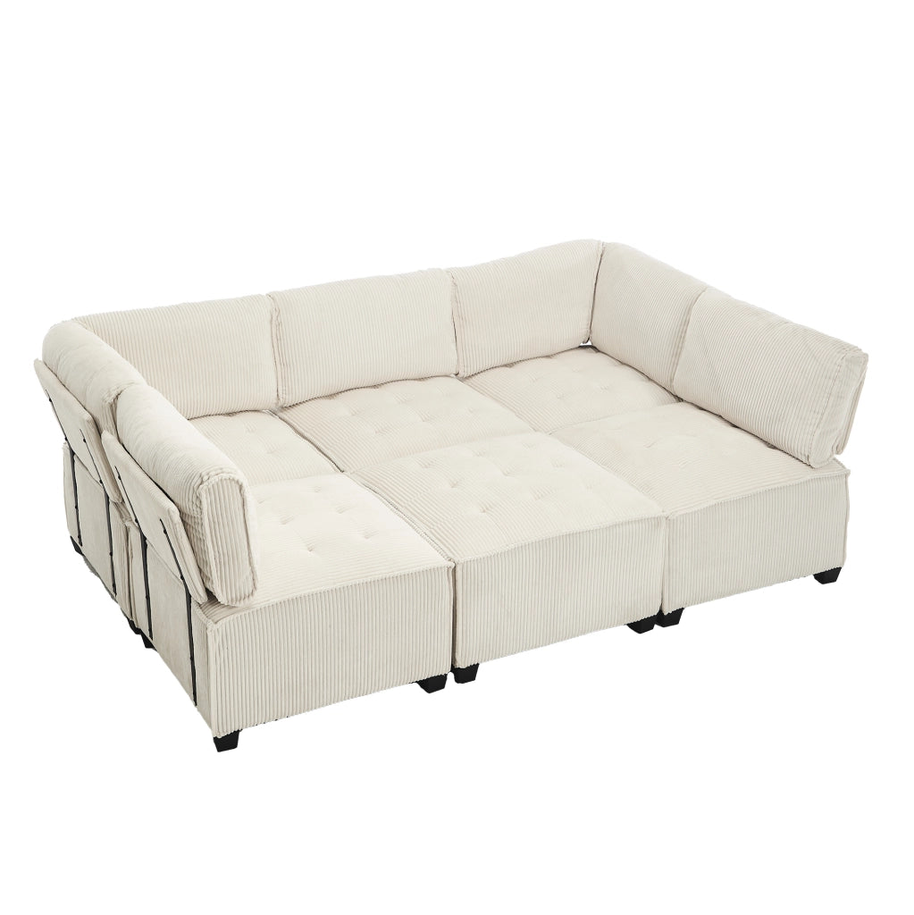 Divano modulare a 6 posti in velluto a coste beige