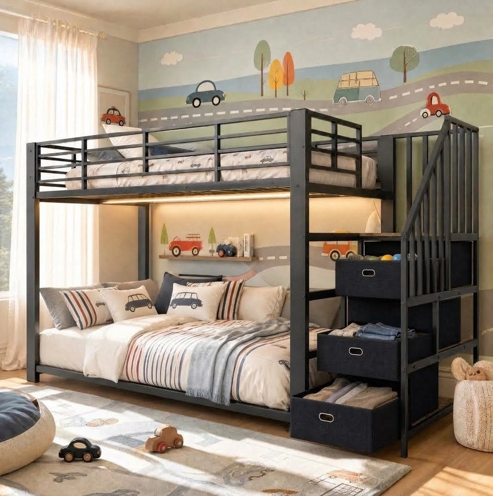 Letto a castello 90 x 200 cm in metallo e MDF con scala e LED, nero