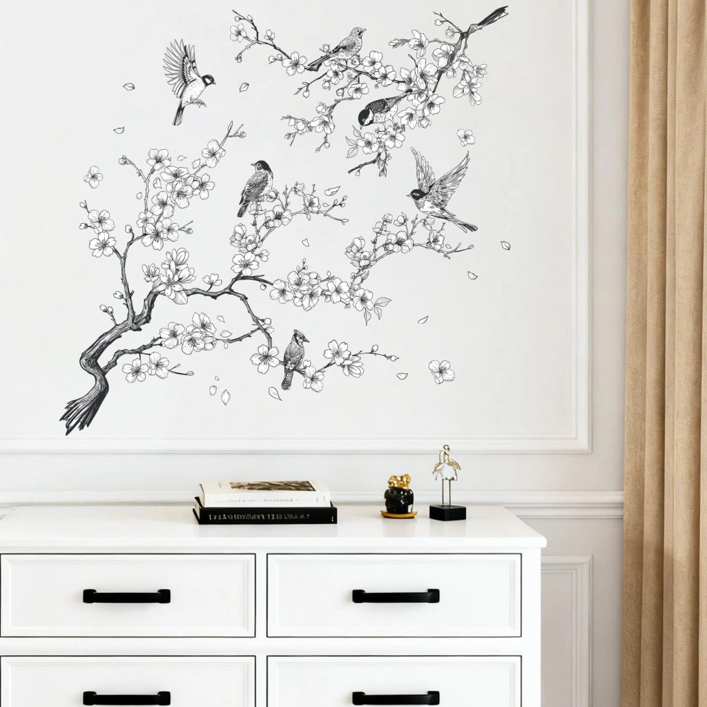 Adesivo da parete, stile vintage, con uccelli, ramo di albero, colore nero, 2 pezzi, dimensioni 30x90 cm