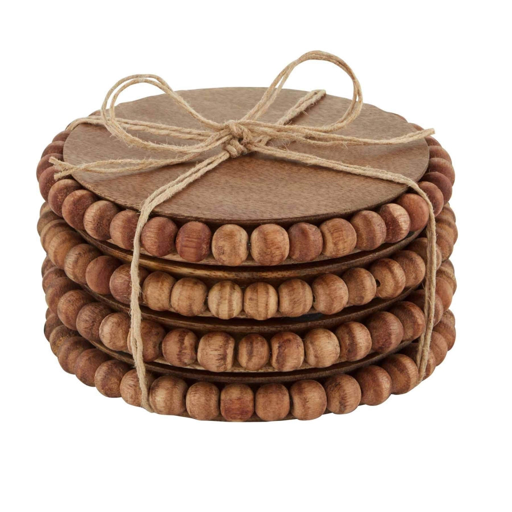 Sottobicchieri in legno con bordo decorato con perline, set da 4, diametro 10,16 cm