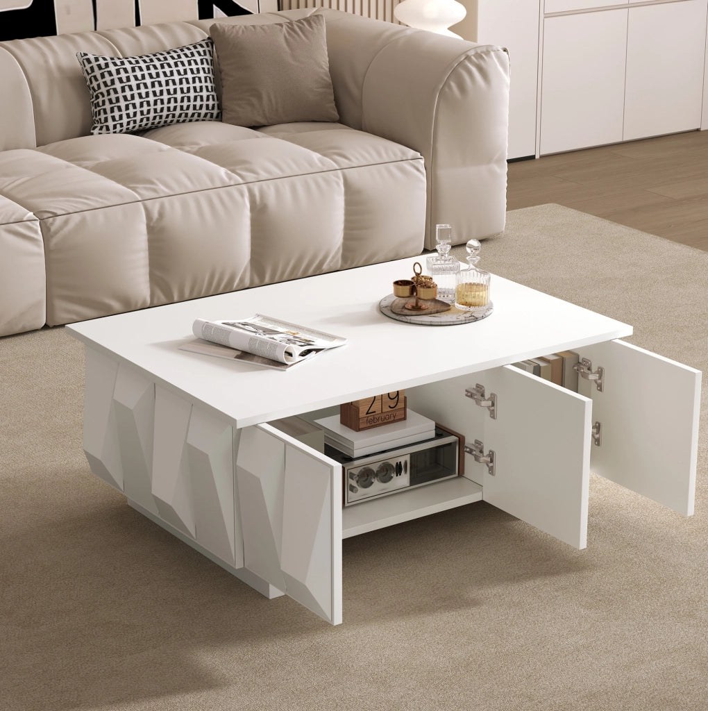 Tavolino da caffè 95x67x39;5 cm con 3 ante e frontali 3D in truciolare; bianco