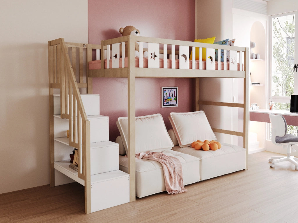 Letti a soppalco per bambini 90x200 cm con scala e rete a doghe in pino bianco e naturale per cameretta, senza materasso