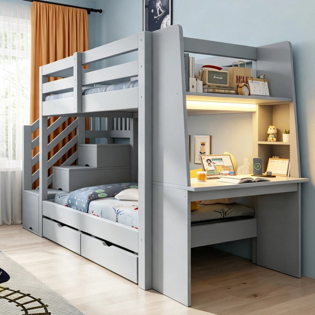 Letto a castello 90 x 200 cm grigio con scrivania, scala contenitore e luci LED