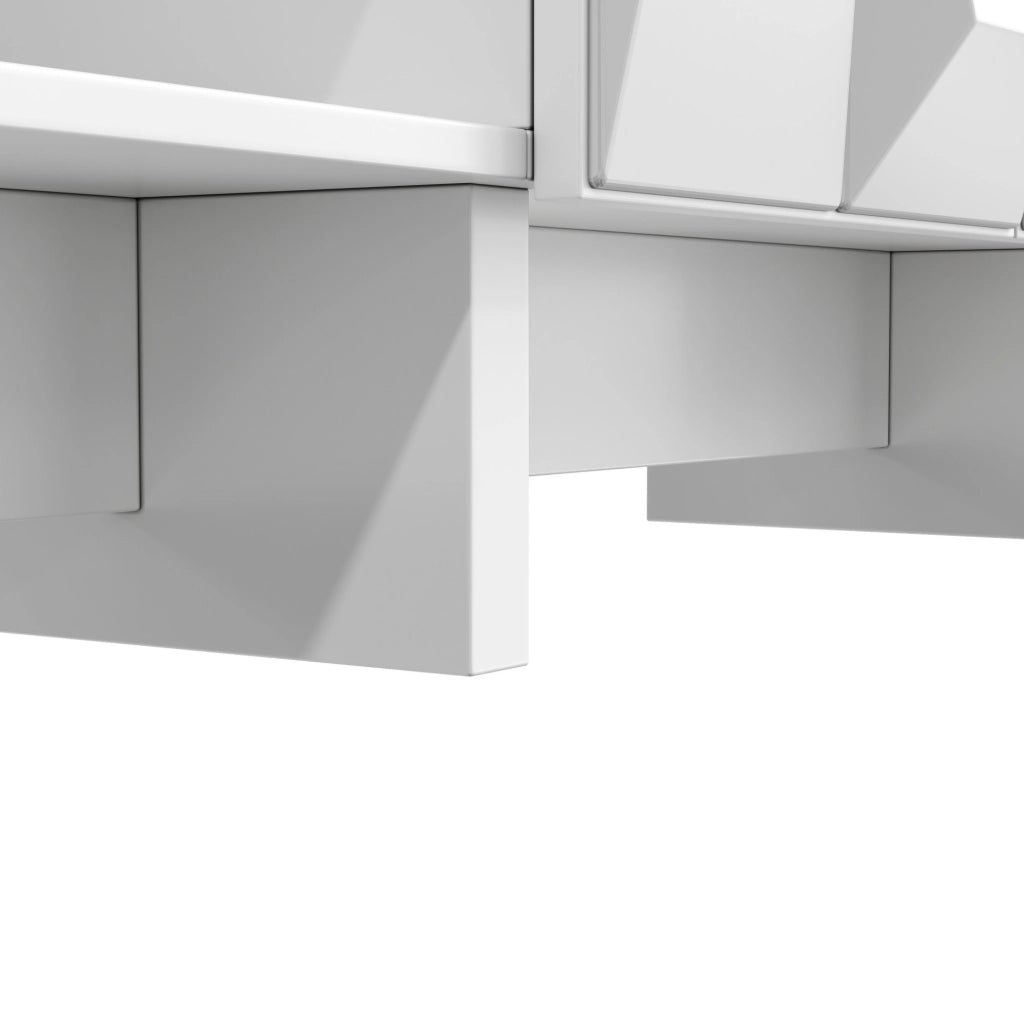 Set soggiorno bianco con mobile TV e tavolino, decoro a rombi