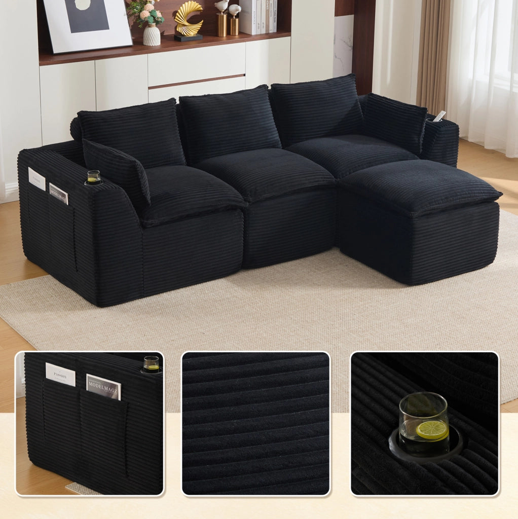 Divano modulare in velluto a coste nero con pouf, 256 cm